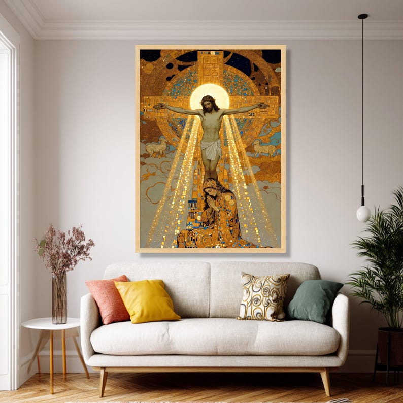 Gustav Klimt Korsfästelse Canvas, Religiös Väggkonst, Kristen Heminredning, Sakral Konsttryck, Andlig Canvasdekoration bild 6
