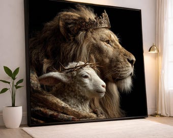 Regal Lion and Lamb Canvas Wall Art, Crowned Lion Portrait, Christian Symbolism Canvas, Animal Pairing Wall Decor, Inspirational Home