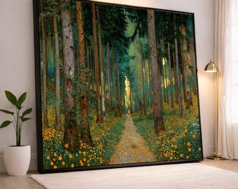 Gustav Klimt canvas med höstskogsstig, färgglad blommig skogsväggkonst, naturlandskapscanvas, scenisk skogsdekoration