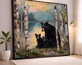Familie zwarte beer berkenbos canvas, wildlife natuurscène, meer reflectie muurkunst, rustiek dier canvas, bos woondecoratie