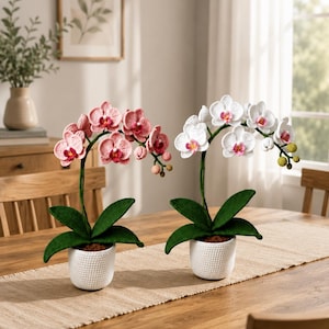 Könnte beinhalten: Zwei gehäkelte Orchideen in weißen, strukturierten Töpfen. Eine Pflanze hat rosa Blütenblätter mit einer dunkelrosa Mitte, die andere weiße Blütenblätter mit einer rosa Mitte. Beide haben dunkelgrüne Blätter und Stängel sowie den Text plushiepatternGifts.