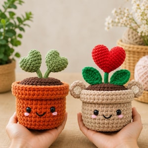 Crochet Plant Pot Pattern,  Crochet Flower Pot, Plant Pot Amigurumi Plush, Handmade Crochet Heart Leaf Plant or Bear Pot Rose