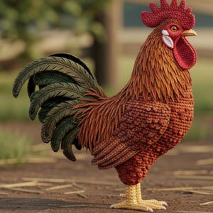 May include: A handcrafted crochet rooster figurine featuring a vibrant red comb and wattle, a textured brown body with intricate stitch patterns, and long, dark green tail feathers. The figure stands on yellow crocheted feet and legs.