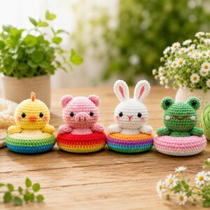 Amigurumi Crochet Pattern Bundle, Duck Piggy Bunny Frog PDF, Rainbow Ring Base Animals, Crochet Animal Pattern Set