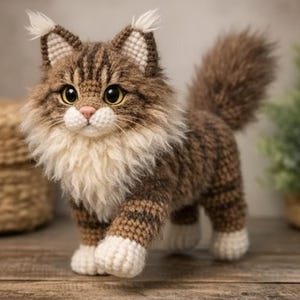 May include: A handcrafted crochet cat figurine with brown and white striped fur, white paws, and large yellow eyes. The cat has a fluffy tail and a white chest. The cat is standing on a wooden surface.