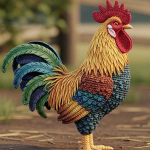 May include: A handcrafted crochet rooster figurine featuring a vibrant color palette. The bird has a bright red comb and wattle, a golden yellow neck, and a body with textured feathers in shades of blue, green, brown, and yellow. It stands on two yellow feet.
