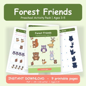 Pacchetto di attività stampabili per la scuola materna sugli animali della foresta, schede didattiche su volpe, orso e gufo (età 3-5), schede didattiche in PDF per tracciare, contare e ritagliare un labirinto.