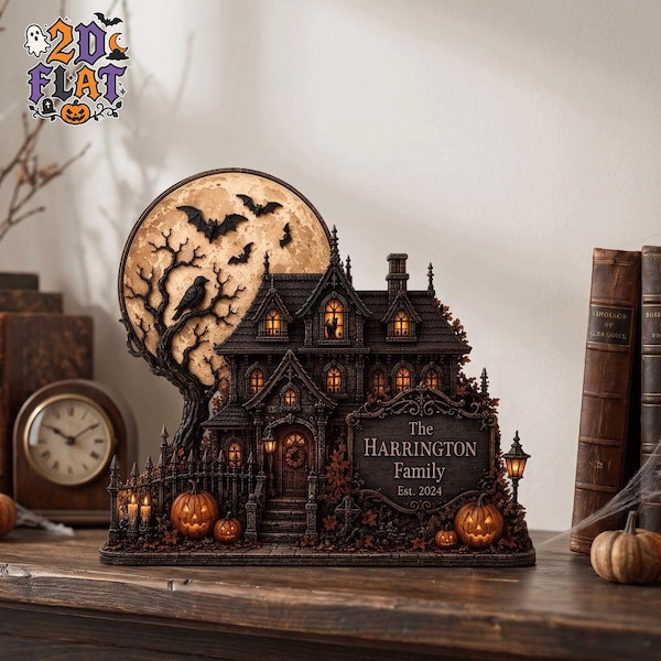 Custom Haunted House Wooden Block, Spooky Haunted Cottage, Moon Bat Haunted House Display, Gothic House Table Decor, Halloween Gift, Pumpkin