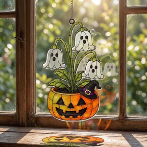 Halloween Pumpkin Ghost Pot Acrylic Suncatcher , Ghost Plant Pumpkin Window Hangings, Ghost Flower Pot, Gothic Home Decor, Halloween Gift