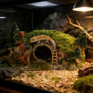 Puede incluir: Un terrario con un gecko leopardo amarillo y naranja sobre una casa en miniatura. La casa está cubierta de musgo verde y tiene una chimenea, una puerta redonda y una pequeña escalera. El terrario también incluye virutas de madera, rocas y una rama.