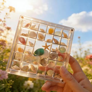 Pudełko ekspozycyjne z 33 przezroczystymi akrylowymi muszlami, magnetyczne pudełko do przechowywania miniatur, mały organizer na skarby, pudełko na muszle, tacka na koraliki do rękodzieła