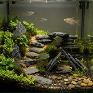 May include: An aquarium scene featuring several small fish swimming among rocks, plants, and a stone pathway. The tank is filled with water, and the fish have various colors, including orange, blue, and yellow. The plants are green and lush, creating a natural habitat.