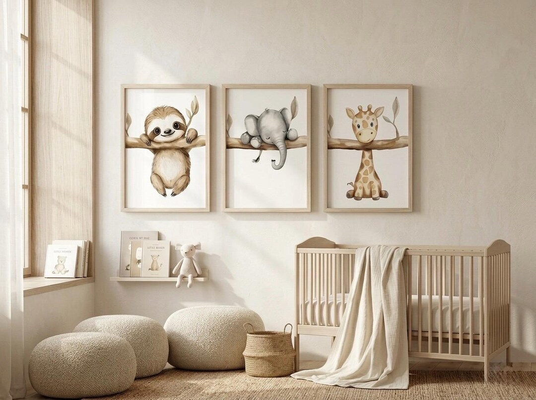 Safari Animal Nursery Wall Art Set of 3, Neutral Boho Baby Room Home ...