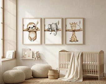 Safari Animal Nursery Wall Art Set of 3, Neutral Boho Baby Room Home ...