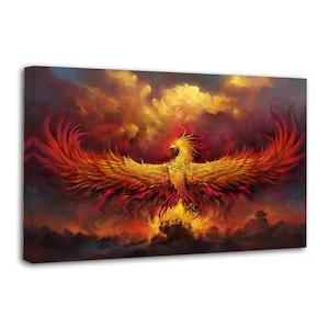 May include: A canvas print depicting a phoenix rising from flames. The artwork features a vibrant color palette of red, orange, and yellow, with the bird's wings spread wide against a fiery background. The phoenix is the central focus.