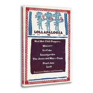 May include: A vintage Lollapalooza '92 concert poster. The poster features a red and white border with blue and red decorative elements. The top section has three blue figures holding lollipops. The poster lists bands like Red Hot Chili Peppers, Ministry, and Pearl Jam.
