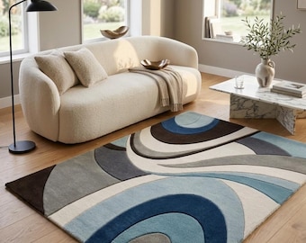 Handmade Tufted Wool Area Rug – Modern Abstract 3D Wave Pattern Blue Grey Carpet
