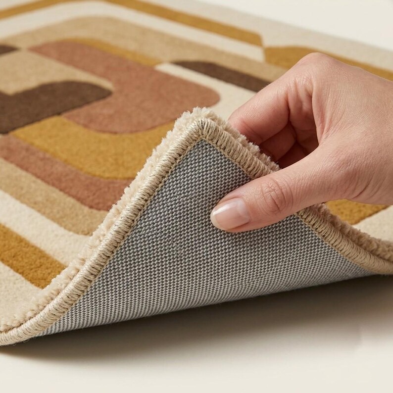 May include: A rectangular area rug featuring a geometric pattern of curved lines in shades of mustard yellow, terracotta, and dark brown on a cream background. The rug has a thick, textured pile and a gray, non-slip, grid-patterned backing.