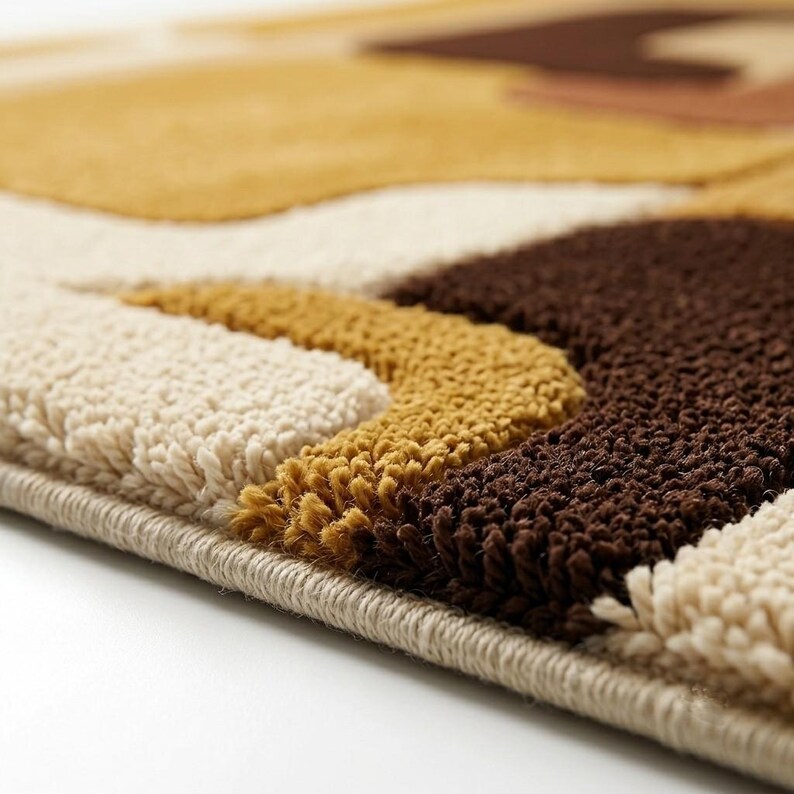 May include: A tufted area rug featuring an abstract pattern of organic shapes in shades of cream, mustard yellow, and dark brown. The rug has a thick, textured pile surface and a finished edge with a visible stitched border along the side.