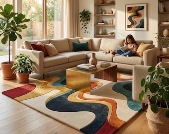 Hand Tufted Wool Area Rug | 70s Retro Mid Century Modern Abstract Swirl Carpet