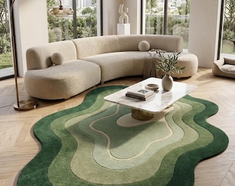 Hand-Tufted Wool Contour Rug – Organic Wavy Abstract Area Rug, Forest Green Home Decor