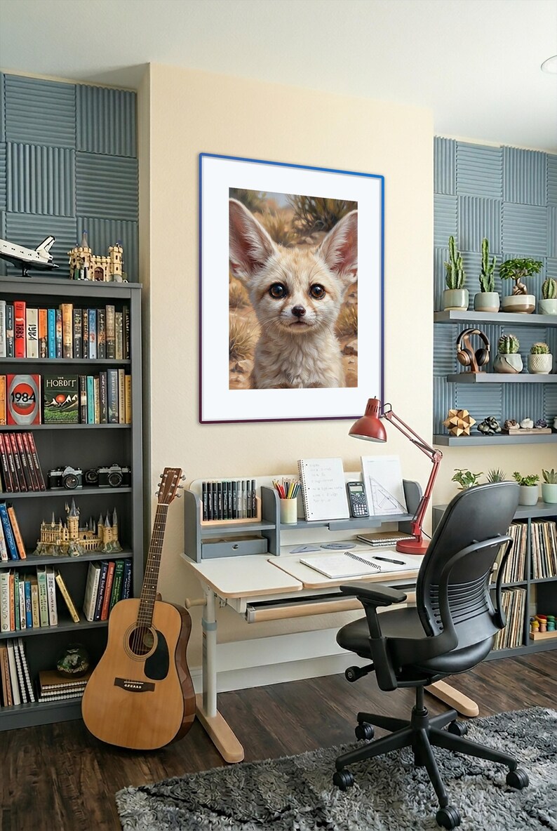 Op de afbeelding: Een ingelijste wandkunstprint met een portret van een woestijnvos met grote oren en lichtbruine vacht, tegen een woestijnachtergrond. Het kunstwerk hangt in een thuiskantoor met een bureau, een gitaar en boekenplanken vol met diverse voorwerpen.
