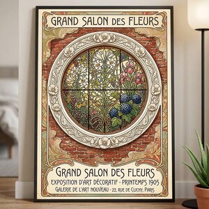 May include: A framed poster titled GRAND SALON DES FLEURS featuring a circular stained glass window design with white lilies, pink irises, and blue berries set against a red brick wall, with decorative cream borders and black text at the bottom.
