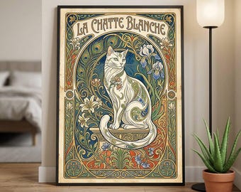 White cat fancy gallery wall Art Nouveau print