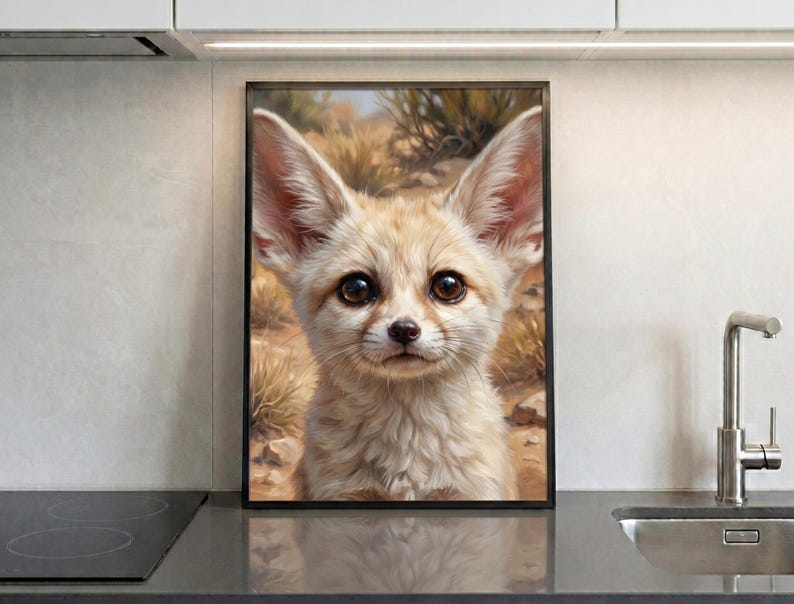 Op de afbeelding: Een ingelijste verticale wandkunstprint met een close-up portret van een woestijnvos met grote, puntige oren en donkere, expressieve ogen. De vos heeft een lichtbruine vacht en staat tegen een wazige, natuurlijke woestijnachtergrond.