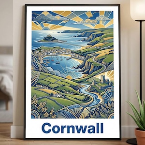 May include: A framed poster featuring a stylized illustration of the Cornwall coastline, including a coastal town, a castle on an island, rolling green hills, and a winding river. The word Cornwall is printed in bold blue text at the bottom.