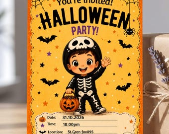 Invitación de niño esqueleto, invitación de Halloween para niños, plantilla editable de Canva, tarjeta de fiesta espeluznante naranja, descarga digital para niños
