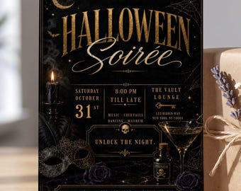 Invitación para fiesta de Halloween para adultos, Black Gold Evite, plantilla editable de Canva, fiesta de cóctel gótica, descarga digital.