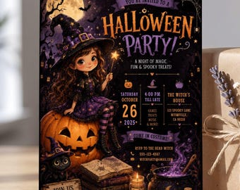 Invitación para fiesta de Halloween infantil con temática de brujas, plantilla editable de Canva, invitación mágica y espeluznante, descarga digital de calabaza, tarjeta de gato negro.