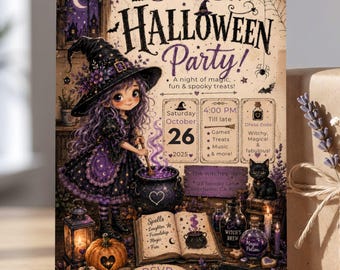 Invitación a fiesta de bruja morada, invitación de Halloween para niños, plantilla editable de Canva, descarga digital espeluznante, tarjeta de poción mágica