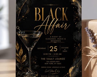 Invitación elegante para fiesta Black Affair, invitación para cóctel para adultos, plantilla editable de Canva, tarjeta en oro oscuro, descarga digital de alta calidad.