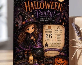 Invitación a fiesta de brujas, invitación de Halloween para niños, plantilla editable de Canva, descarga digital espeluznante, tarjeta de poción mágica
