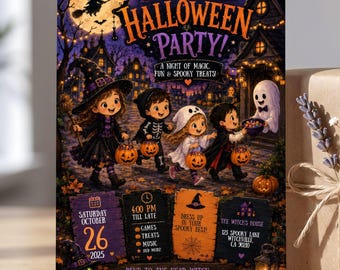 Invitación para fiesta de truco o trato, invitación electrónica de Halloween para niños, plantilla editable de Canva, descarga digital espeluznante, tarjeta de disfraz infantil