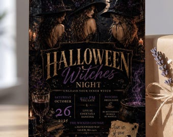 Invitación para adultos a la Noche de Brujas de Halloween, invitación para fiesta gótica, plantilla editable de Canva, tarjeta de magia oscura, descarga digital espeluznante