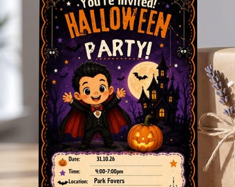Invitación de niño vampiro, invitación electrónica para fiesta de Halloween infantil, plantilla editable de Canva, descarga digital espeluznante, tarjeta de truco o trato para niños