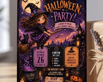 Invitación a fiesta de brujas voladoras, invitación de Halloween para niños, plantilla editable de Canva, descarga digital espeluznante, tarjeta de escoba mágica