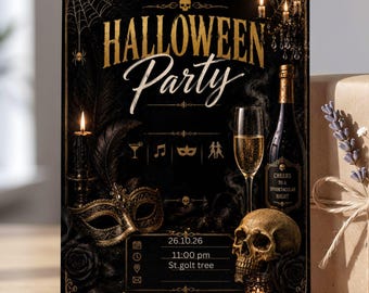 Invitación elegante para fiesta de Halloween para adultos, invitación de mascarada con calavera dorada, plantilla editable de Canva, descarga digital espeluznante, celebración negra