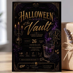 May include: A black Halloween party invitation card featuring gold text that reads Halloween Night at the Vault. The design includes a skull candelabra, a purple cocktail, a clock, and spiderwebs. It lists event details, date, and contact info.