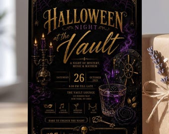 Invitación para fiesta de Halloween para adultos, diseño púrpura y dorado, plantilla editable de Canva, tarjeta de cóctel gótica, descarga digital espeluznante.