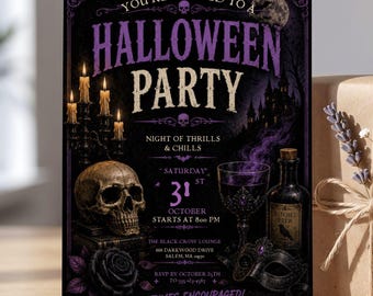 Invitación gótica para fiesta de Halloween, invitación digital para adultos, plantilla editable de Canva, tarjeta con calavera morada, descarga digital espeluznante.