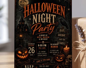 Invitación a fiesta de Halloween en una mansión embrujada, invitación vintage para adultos, plantilla editable de Canva, descarga digital espeluznante, tarjeta del cuervo oscuro