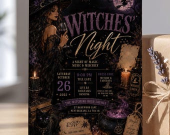 Invitación de Halloween con temática de brujas, invitación electrónica para fiestas de adultos, plantilla editable de Canva, tarjeta de magia oscura, descarga digital espeluznante, folleto de gato negro