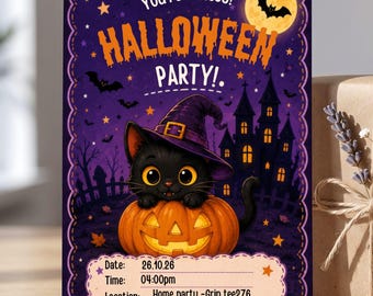 Invitación de gato negro, invitación de Halloween para niños, plantilla editable de Canva, tarjeta de calabaza espeluznante, descarga digital para niños
