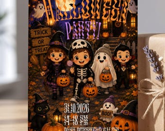 Invitación electrónica para fiesta de disfraces de Halloween para niños, plantilla editable de Canva, invitación para pedir dulces para niños, descarga digital, tarjeta de cumpleaños de octubre
