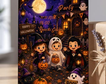 Invitación para niños de Halloween, plantilla editable de Canva, invitación para fiesta de disfraces de Halloween, tarjeta de cumpleaños de octubre, descarga digital.
