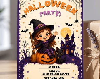 Invitación a fiesta de brujas, invitación de Halloween para niños, plantilla editable de Canva, tarjeta de calabaza espeluznante, descarga digital para niños